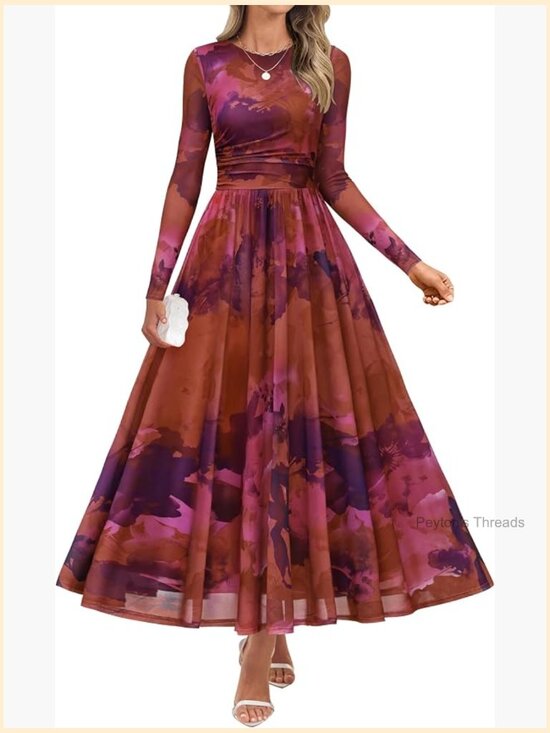 Dresses & Skirts - Long Sleeve Floral Print Mesh Ruched Maxi Dress Party Guest